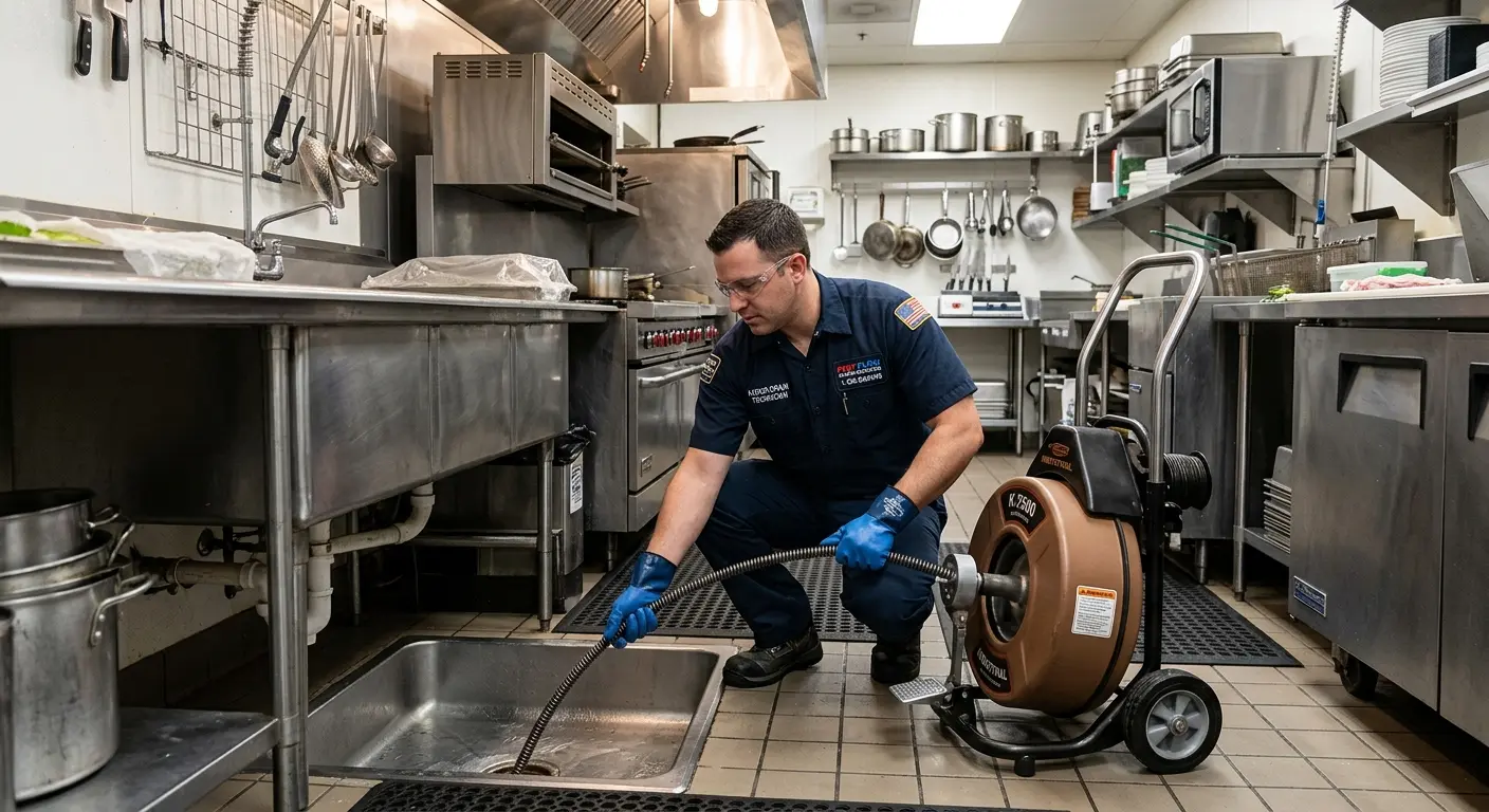 Commercial drain cleaning service in a restaurant kitchen in Arab