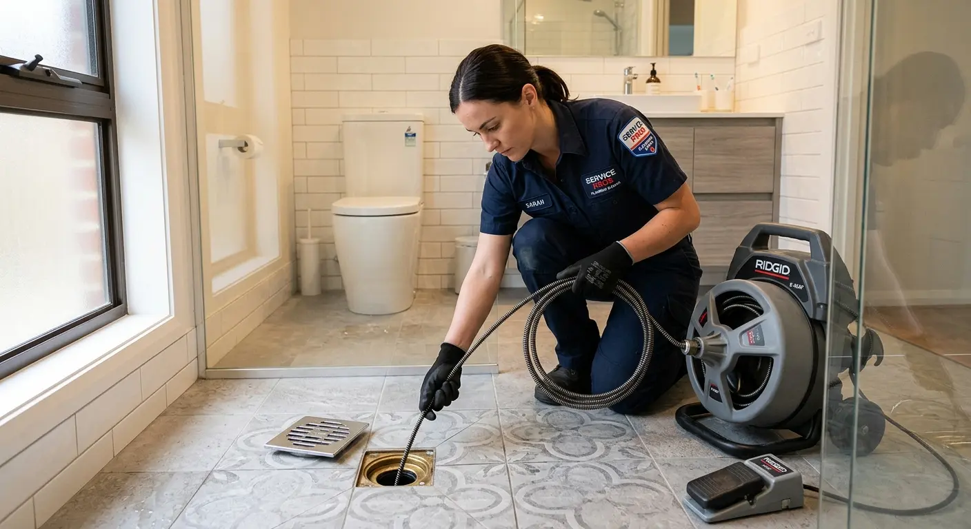Technician clearing a bathroom floor drain for Drain Cleaning in Arab